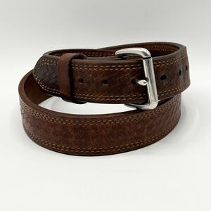 Full Grain Brown Basketweave Leather Belt with Silver Buckle - US 37”